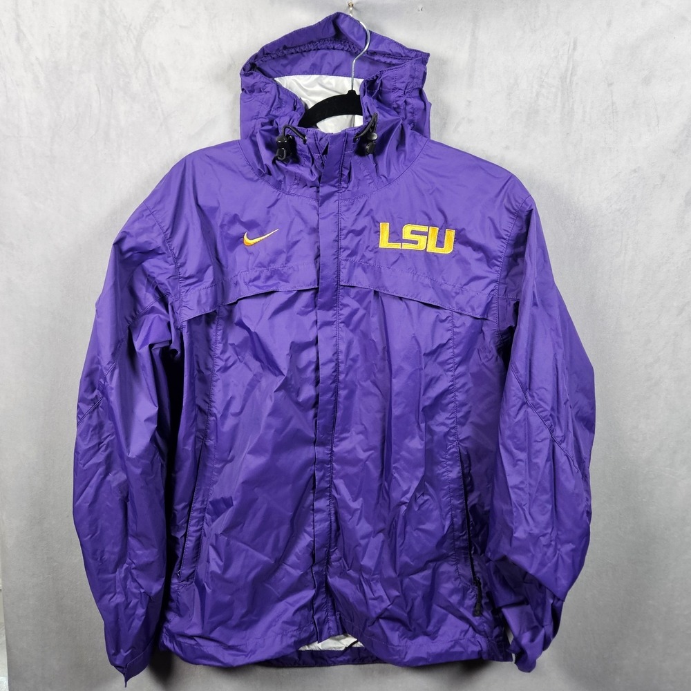 Nike LSU Tigers Rain Jacket Mens Small Purple Full Zip Hooded Pockets Nylon